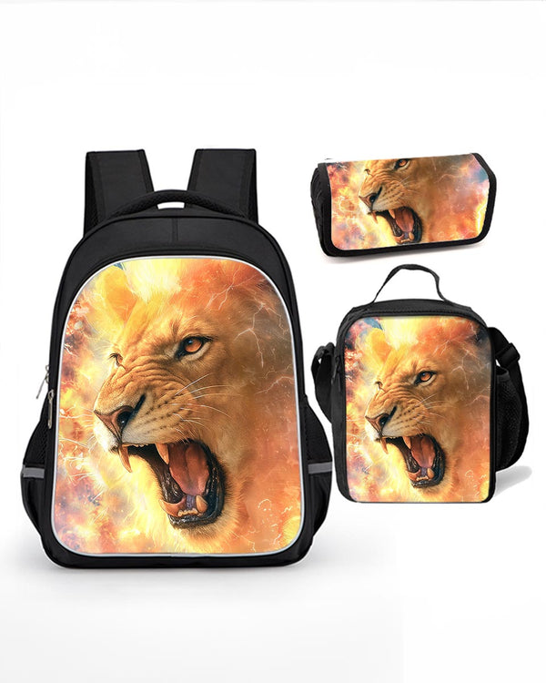 3-piece roaring lion backpack set for boys, includes lunch bag and pencil case
