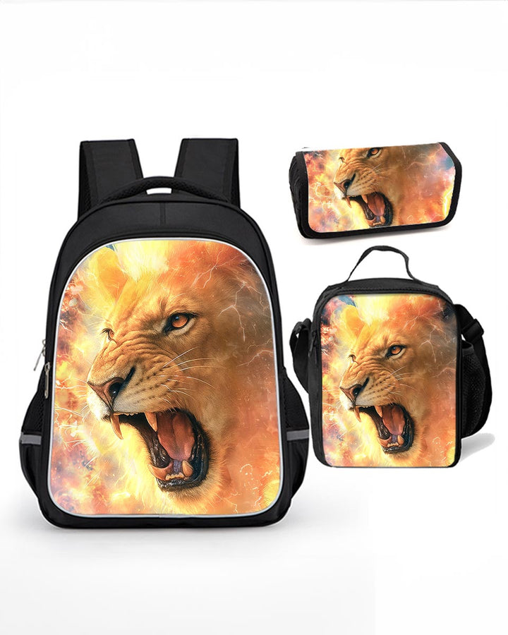 3-piece roaring lion backpack set for boys, includes lunch bag and pencil case
