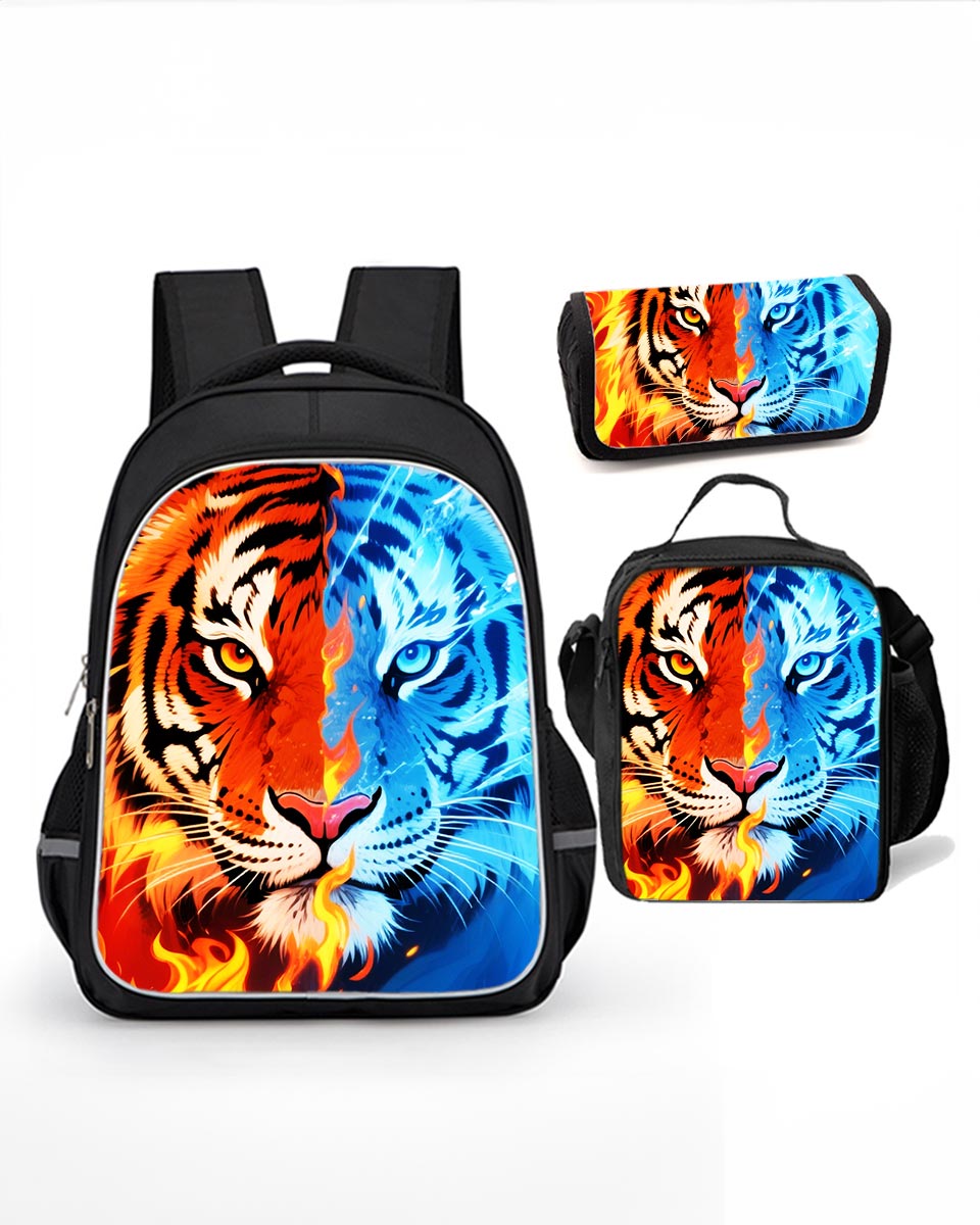 Ice and Fire Tiger school backpack set with lunch bag and pencil case