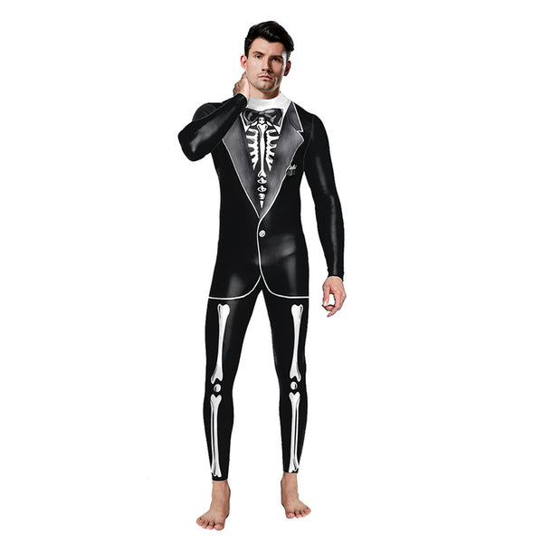 Men's Halloween Cosplay Skull Skeleton Costume Jumpsuit Outfit