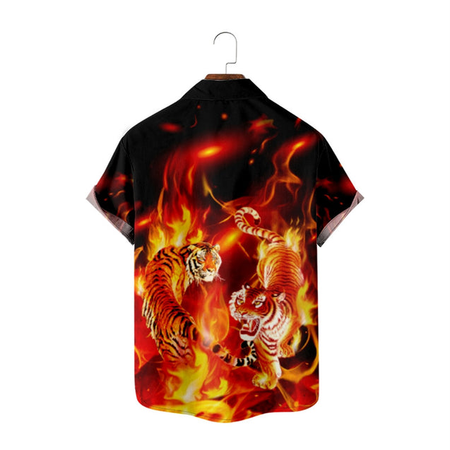 Fire Tiger Printed Patched Pocket Shirt Button Down Beach Shirt