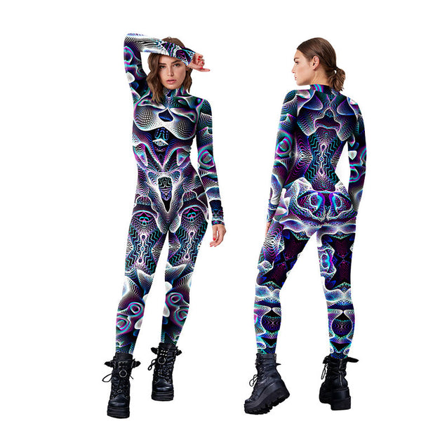 Women's Geometric Halloween Bodysuit Costume Stretch Skinny Catsuit Jumpsuit