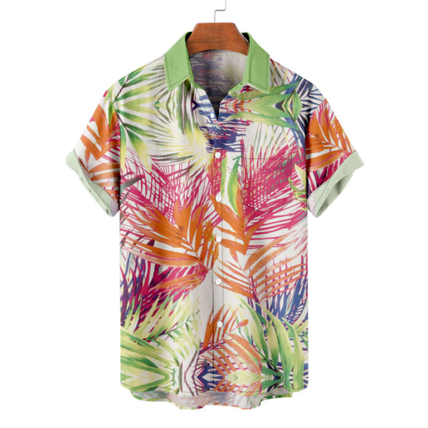 Colorful Men's Tropical Shirt with Bright Leaf Pattern