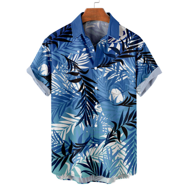 Stylish Blue Male Hawaiian Shirt with Tropical Leaf Pattern