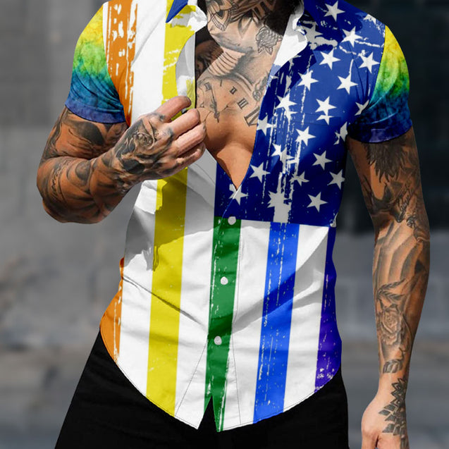 Men's Pride Gay Flag Rainbow Print Button Through Shirt