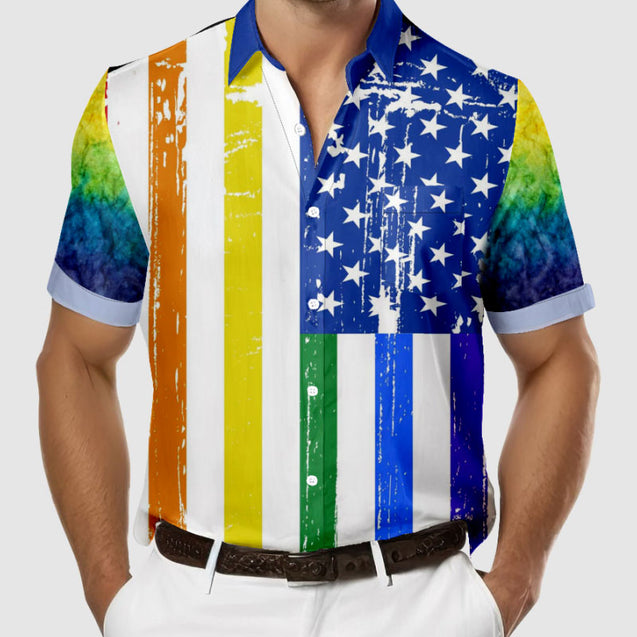 Men's Pride Gay Flag Rainbow Print Button Through Shirt