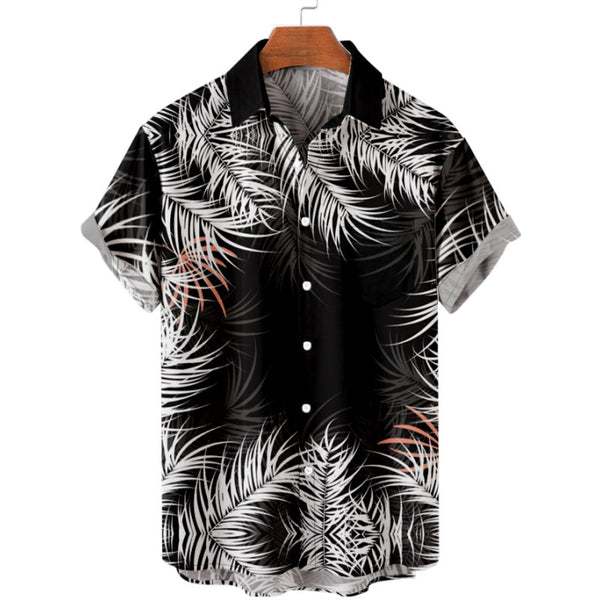 Classic Black and White Aloha Shirt Tropical Palm Leaves