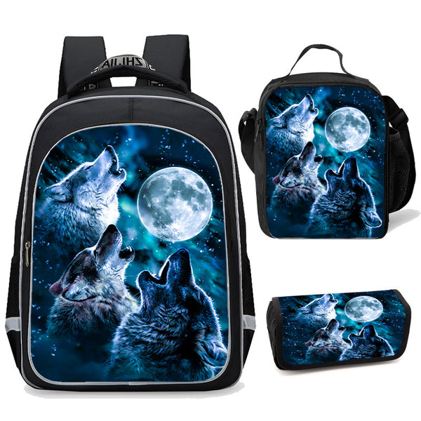 3pcs Wolf Howling Backpack Set Bookbag Lunch Box Pencil Case