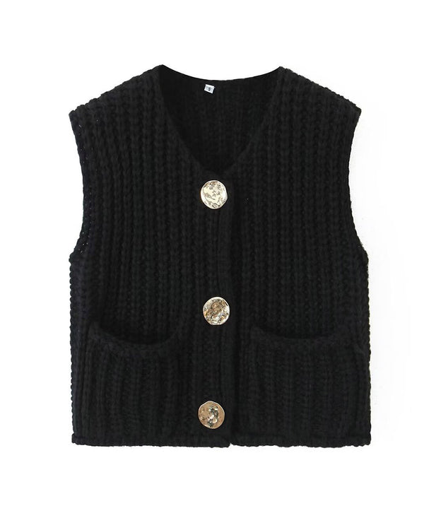 Women Sleeveless Crop Knit Cardigan Vest Casual Cropped Button