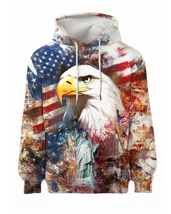 Patriotic American Flag Hoodie with Eagle and Statue of Liberty Design