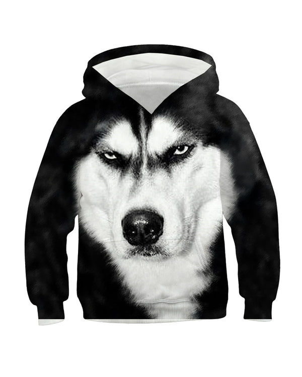 Black hoodie with serious husky dog face close up