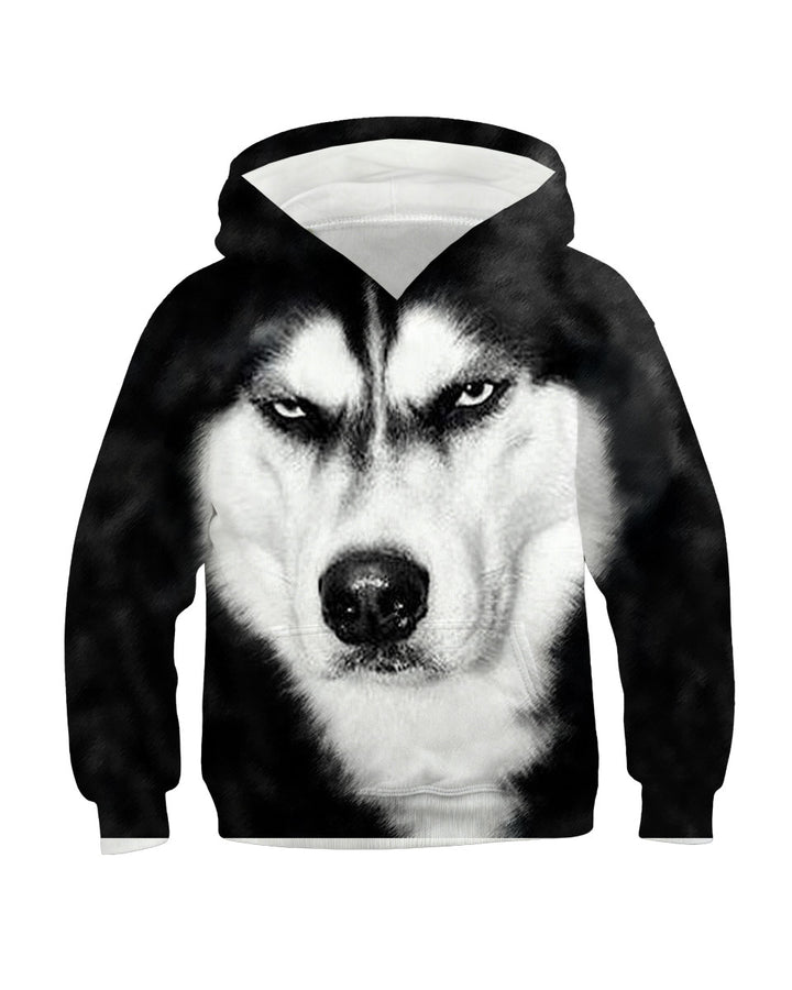 Black hoodie with serious husky dog face close up