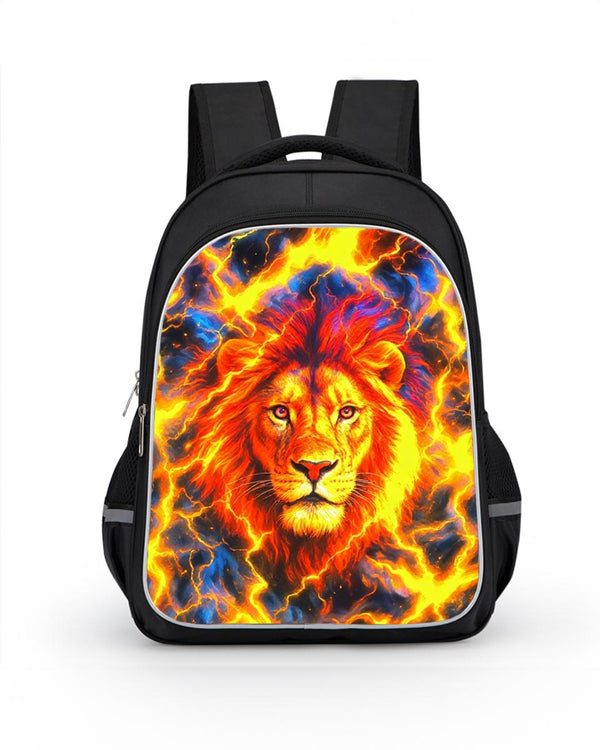 Boys lion school backpack with bold fire lion face design

