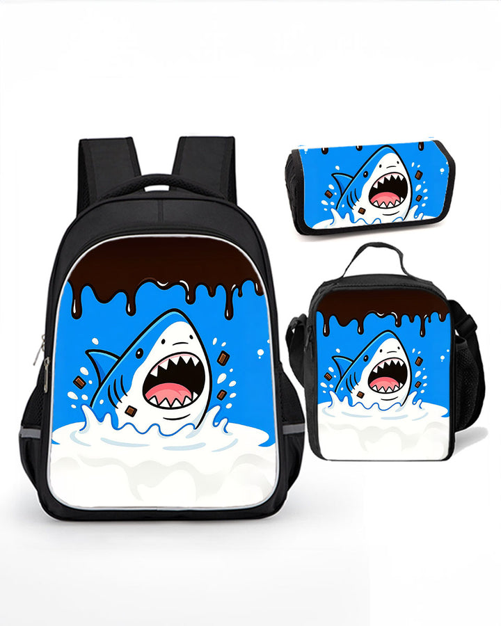 Chocolate Shark 3-piece school backpack set with matching lunch bag and pencil case