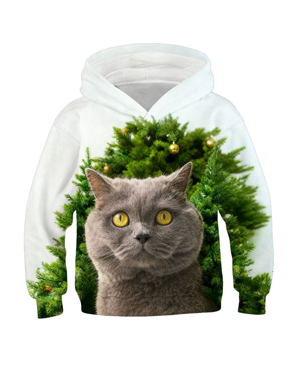 White hoodie with grey cat peeking through Christmas wreath