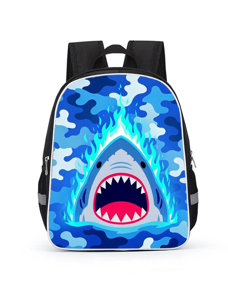 Blue camouflage shark backpack for boys – 14 inch school bookbag with open mouth design


