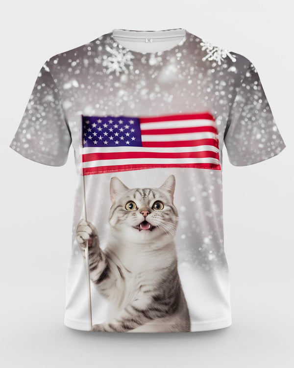 Kids Patriotic Cat T-Shirt Casual Short Sleeve USA Flag Print Tee