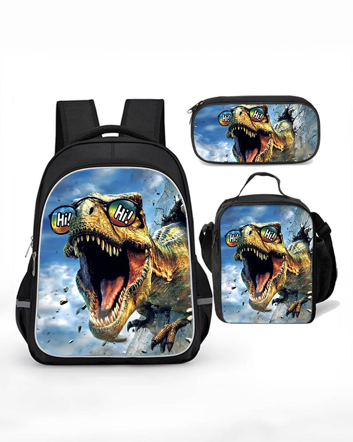 3-in-1 dinosaur backpack set for kids – includes lunch bag and pencil case, lightweight and fun for school.