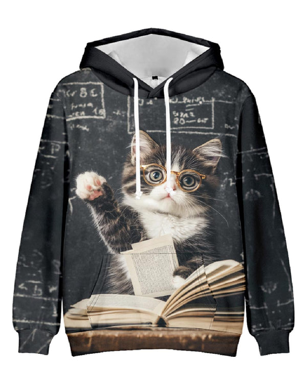 Cute Glasses Cat Print Hoodie for Youth 7-18Y