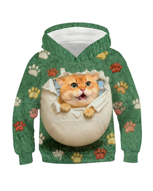 Green hoodie with paw prints and cute cat in a pocket