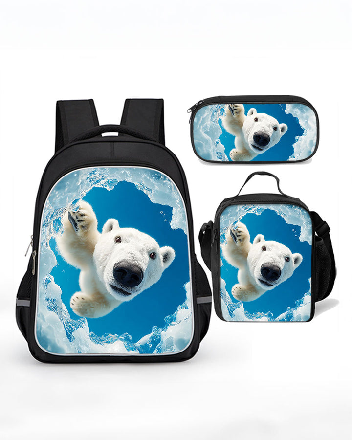 Cute Polar Bear 3-piece school backpack set with matching lunch bag and pencil case