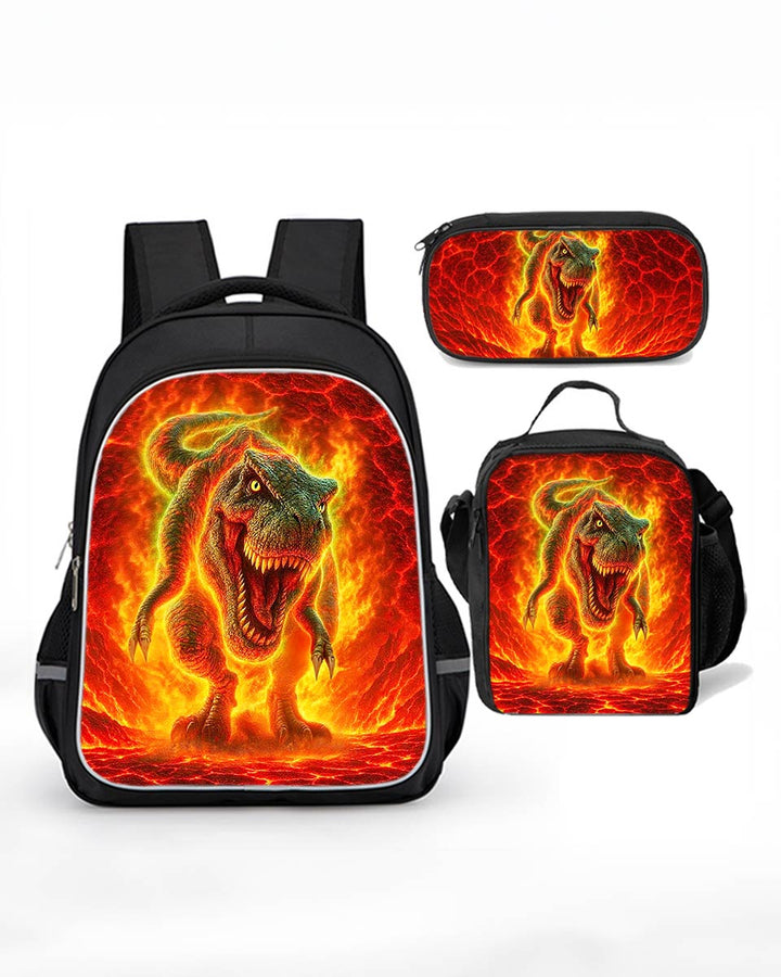 Kids lightweight backpack with fire-breathing dinosaur print – includes matching lunchbox and pencil pouch.
