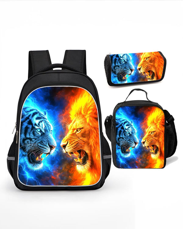 Lion vs Tiger School Backpack Set for Boys – 3PCS Bookbag with Lunch Bag & Pencil Case

