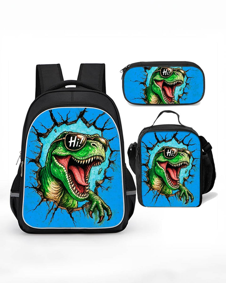 cool dinosaur backpack set for boys – 3-piece kit with lunchbox and pencil bag, perfect for school.