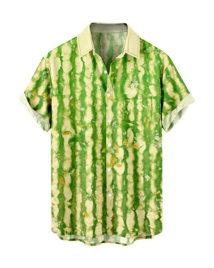  Green Striped Print Button Up Shirt