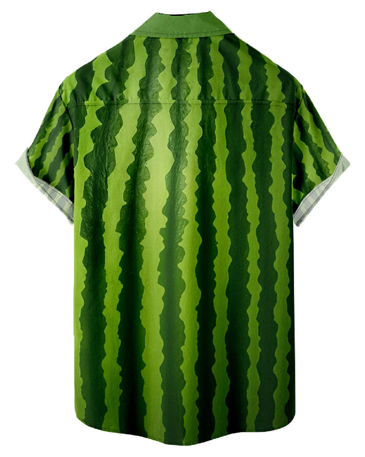 Men's Watermelon Shirt Green Summer Beach Button Up Back