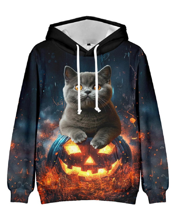 Cat and jack-o'-lantern Print Hoodie for men