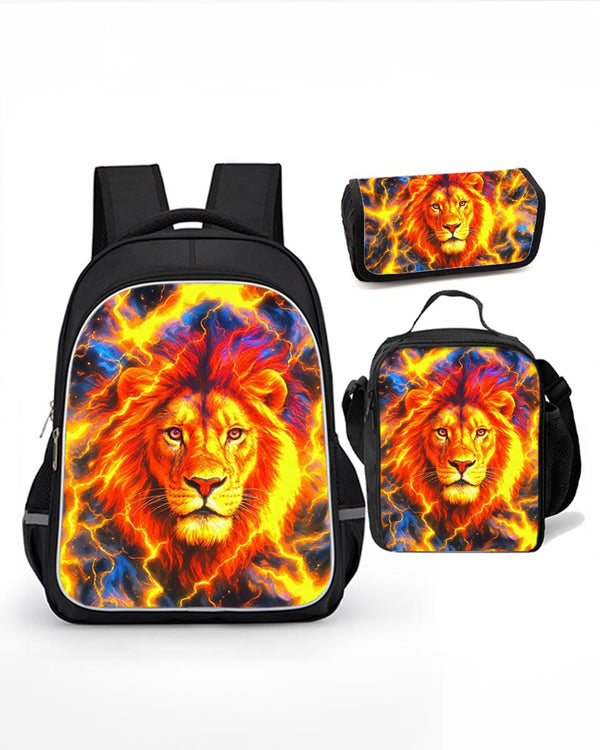 Cool lion backpack 3-piece set for boys with fire lion design
