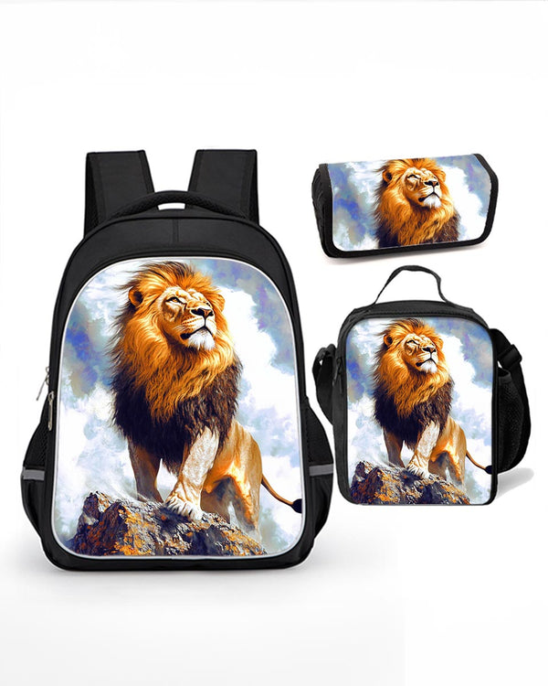 3-piece kids school set with lion backpack, lunch bag, and pencil case