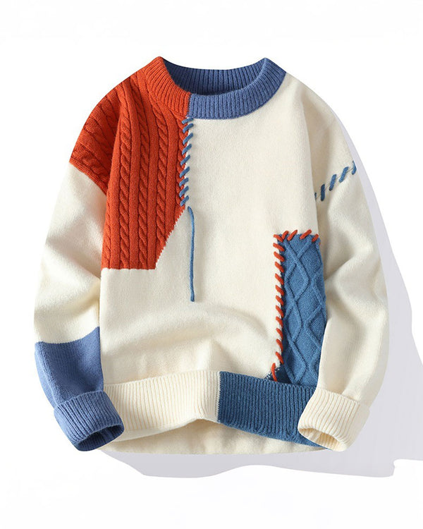 Patchwork Sweater Mens Colorblock Jumper Cable Knitted Pullover