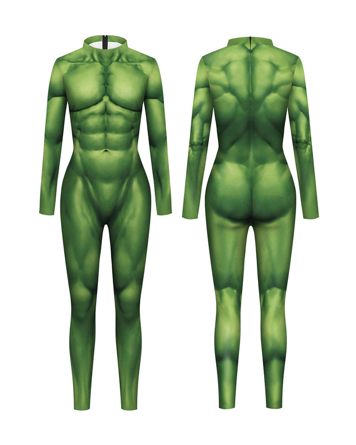 Green superhero bodysuit with detailed muscle texture on a white background
