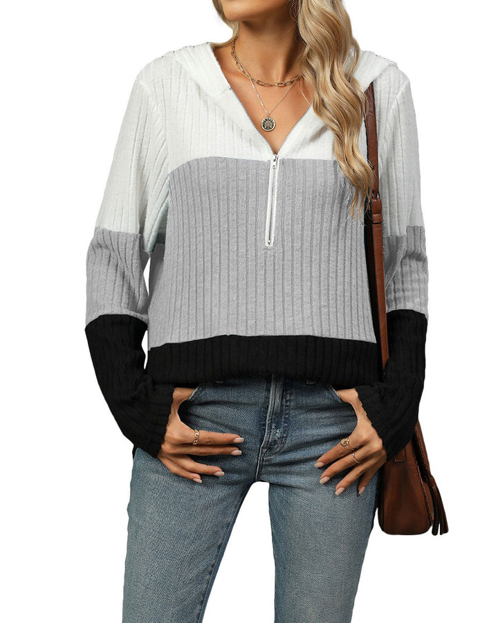 Casual Women’s Half-Zip Hoodie – Color Block Loose Pullover Sweatshirt