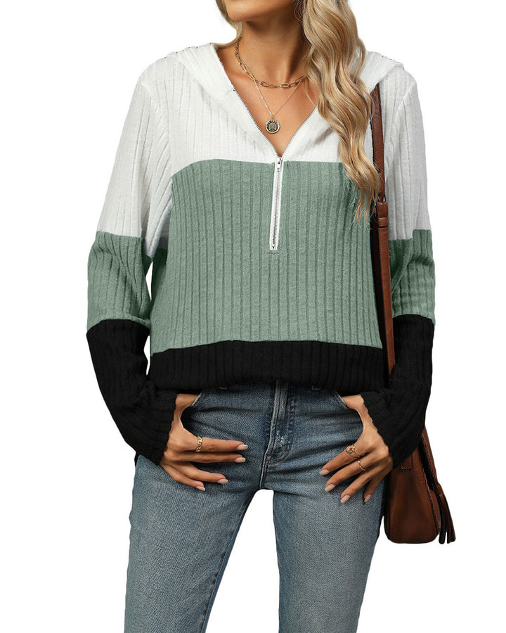 Casual Women’s Half-Zip Hoodie – Color Block Loose Pullover Sweatshirt