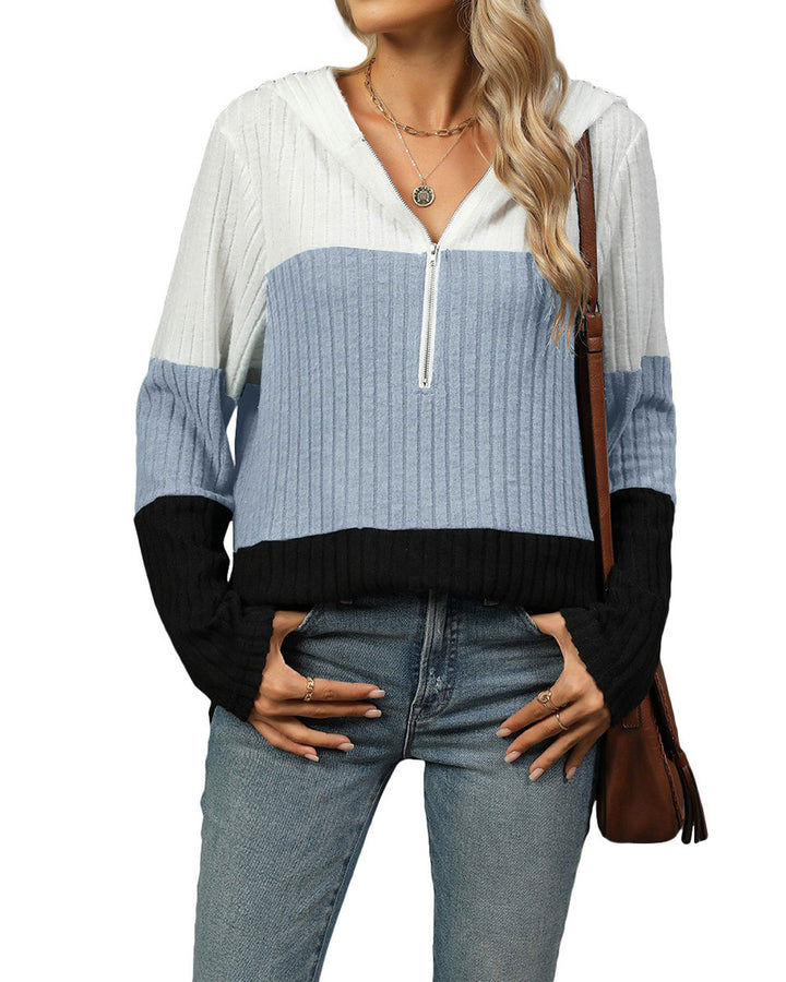 Casual Women’s Half-Zip Hoodie – Color Block Loose Pullover Sweatshirt