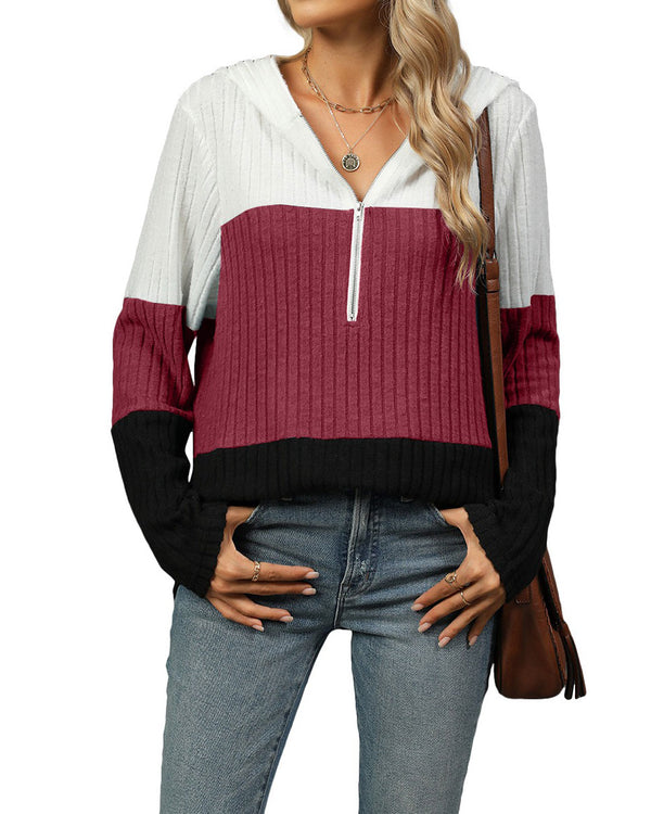Casual Women’s Half-Zip Hoodie – Color Block Loose Pullover Sweatshirt