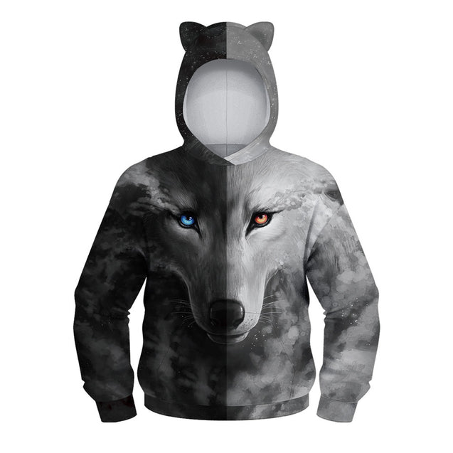 Kids Cat Ear Hoodie 3D Wolf Printed Long Sleeve Kangaroo Pouch Hooded Sweatshirts