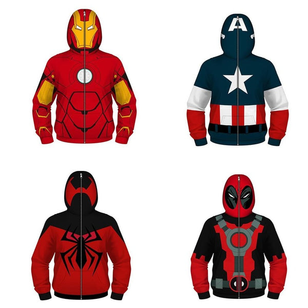Full Zip Hoodies Superhero Iron Man Spide-man Captain America Deadpool Sweatshirt for Boys