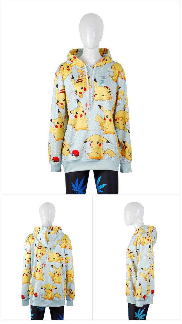 Cartoon Pikachu Printed Long Sleeve Casual Hoodie for Couple