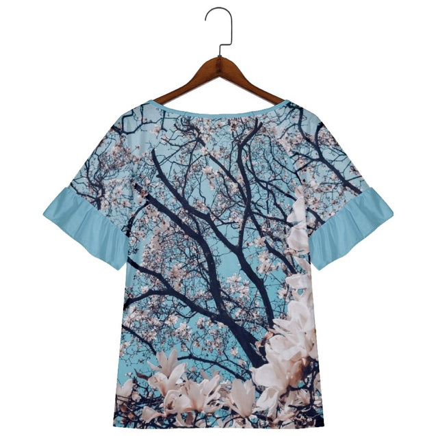 Cherry Blossom Print Short Sleeve Shirts & Tops