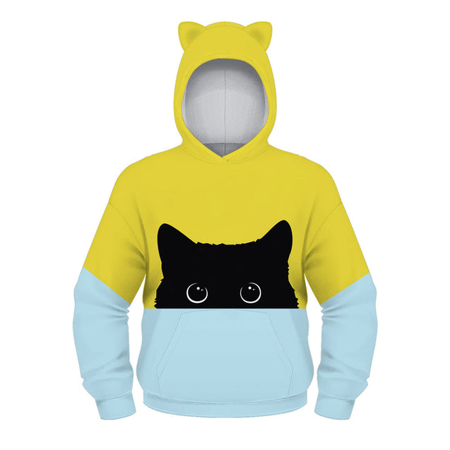 Kids Cat Ear Hoodie 3D Cat Printed Long Sleeve Kangaroo Pouch Hooded Sweatshirts