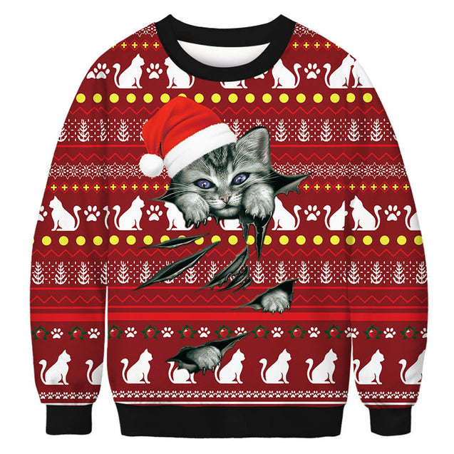 Cool Cat Print Christmas Sweater Pullover Sweatshirts