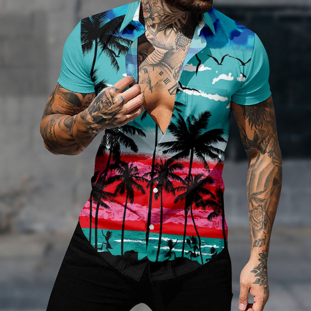 Men Colorful Sea & Coconut Trees Print Button Through Shirt