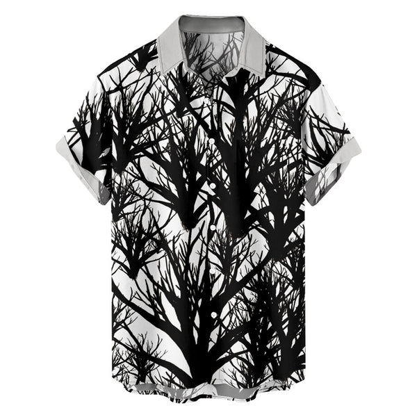 Men Black Tree Branchs Print Button Through Shirt