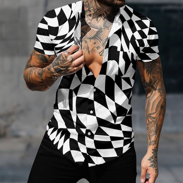 Men Abstract Trendy Wavy Button-Up Shirt Hawaiian Short Sleeve T-Shirt Top