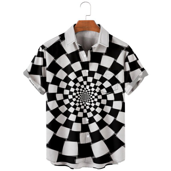 Men Abstract Circle Checkered Print One Pocket Front Shirt