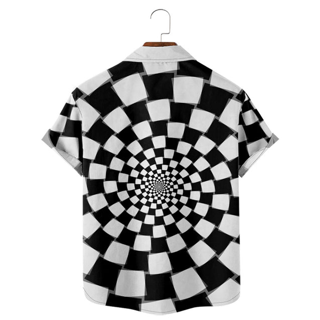 Men Abstract Circle Checkered Print One Pocket Front Shirt
